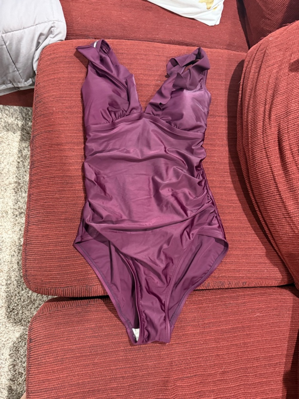 Kona Sol Plum Purple Ruffled One-Piece Swim Bodysuit